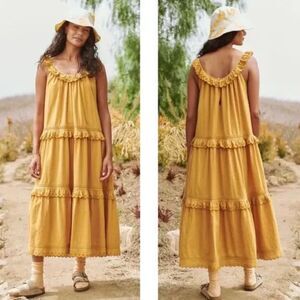 THE GREAT Eyelet Tiered Midi Dress Yellow M